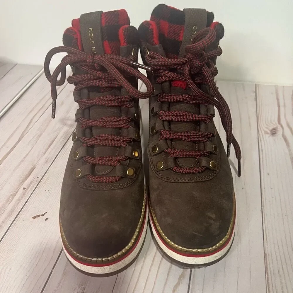 Cole Haan Grand Explore Brown Suede Ankle Boots Wool Buffalo Plaid Red Black Sz